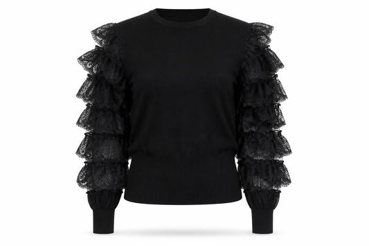 QED London Womens Black Ruffle Sleeve Crew Neck Pullover Jumper Size M