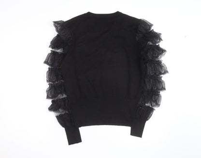 QED London Womens Black Ruffle Sleeve Crew Neck Pullover Jumper Size M