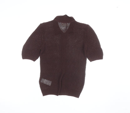 Hush Women’s Brown Collared Open-Knit Short Sleeve Cardigan XS