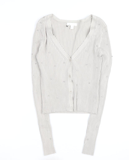 H&M Women’s Beige Beaded Ribbed V-Neck Cardigan Size M