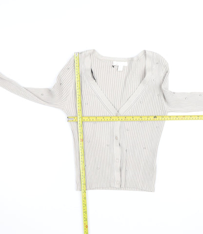 H&M Women’s Beige Beaded Ribbed V-Neck Cardigan Size M