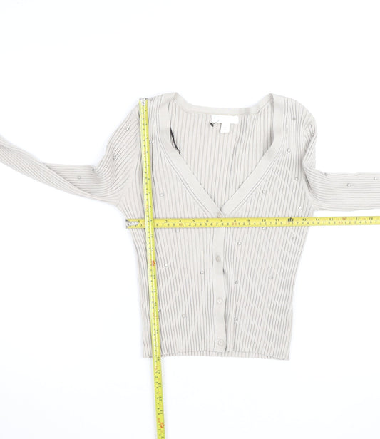 H&M Women’s Beige Beaded Ribbed V-Neck Cardigan Size M