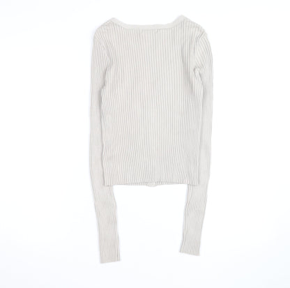 H&M Women’s Beige Beaded Ribbed V-Neck Cardigan Size M