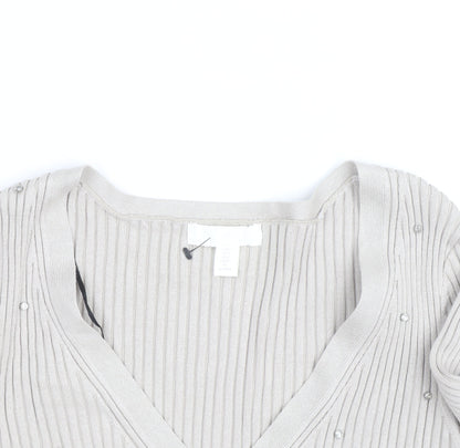 H&M Women’s Beige Beaded Ribbed V-Neck Cardigan Size M