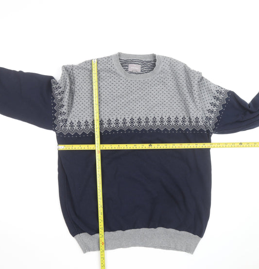 Peter Werth Men’s Blue & Grey Cotton Fair Isle Crew Neck Jumper XXL