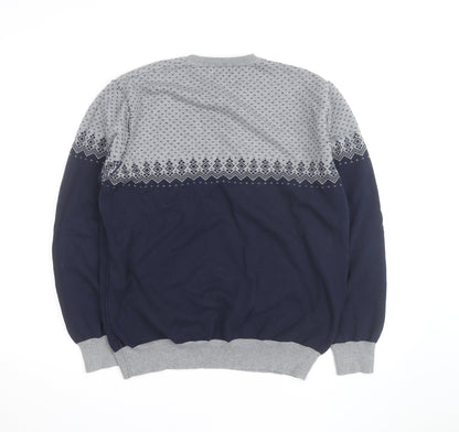 Peter Werth Men’s Blue & Grey Cotton Fair Isle Crew Neck Jumper XXL