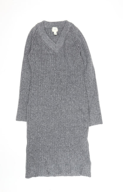 H&M Women’s Grey Knit V-Neck Long Sleeve Jumper Dress Size M