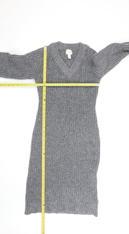 H&M Women’s Grey Knit V-Neck Long Sleeve Jumper Dress Size M
