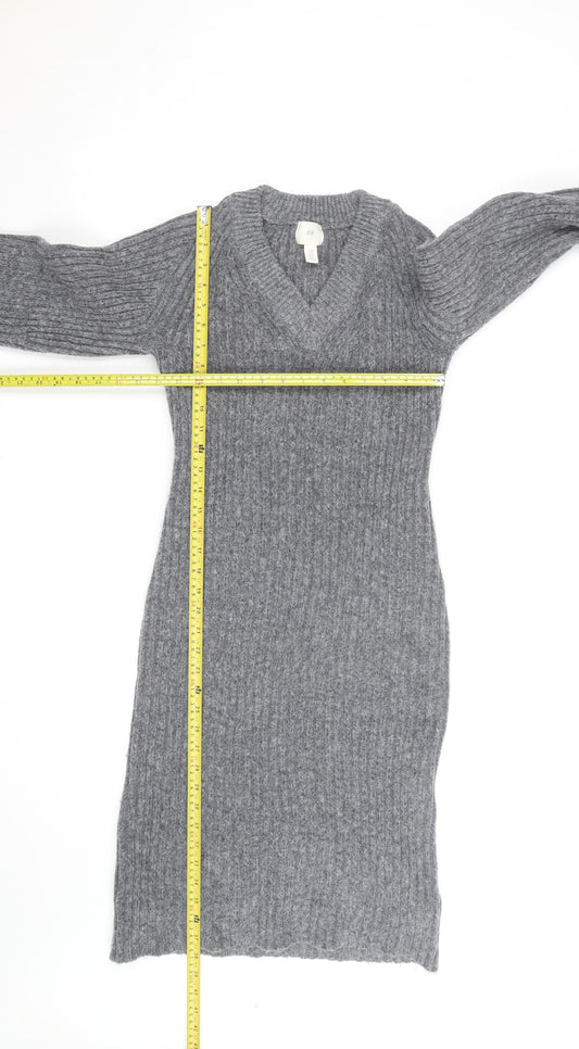 H&M Women’s Grey Knit V-Neck Long Sleeve Jumper Dress Size M