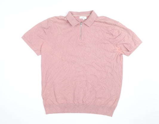 Next Men's Pink Cotton 1/4 Zip Polo Shirt XL Classic Fit