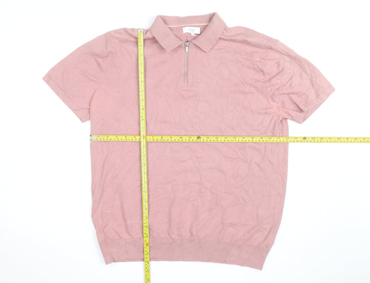 Next Men's Pink Cotton 1/4 Zip Polo Shirt XL Classic Fit