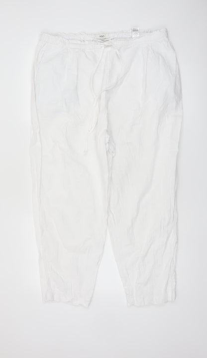 Marks and Spencer Women White Linen Blend Elastic Waist Trousers Size 18 Regular