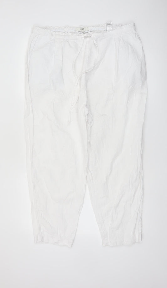 Marks and Spencer Women White Linen Blend Elastic Waist Trousers Size 18 Regular