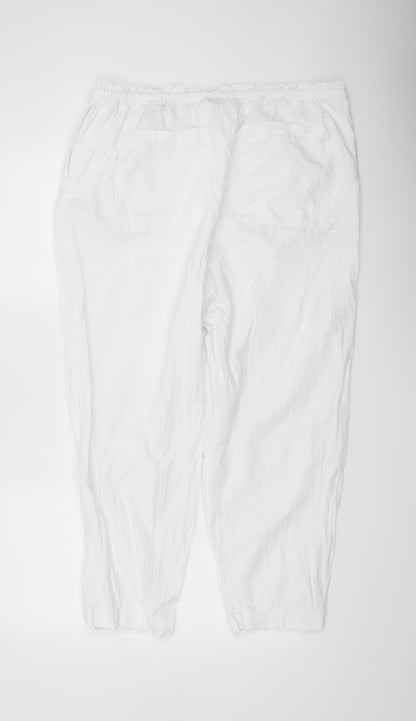 Marks and Spencer Women White Linen Blend Elastic Waist Trousers Size 18 Regular