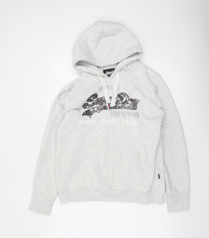 Superdry Womens Grey Logo Hoodie UK 14 Pullover Casual Sweatshirt