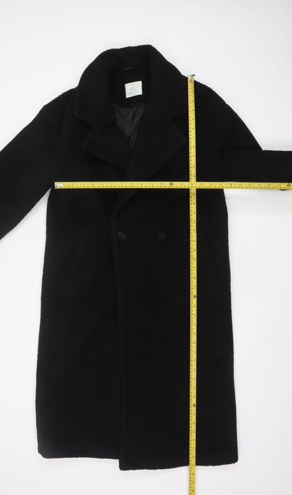 Primark Women’s Black Long Overcoat Size 10 Classic Buttoned Polyester