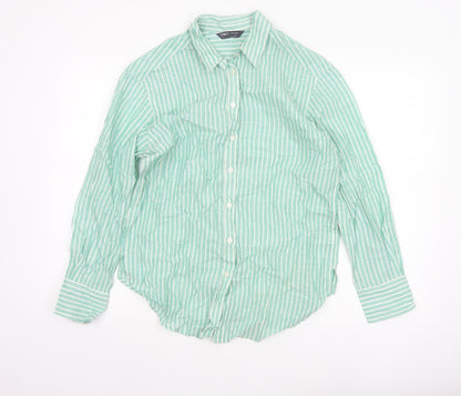 Marks and Spencer Women’s Green Striped Cotton Long Sleeve Button-Up Shirt Size 8