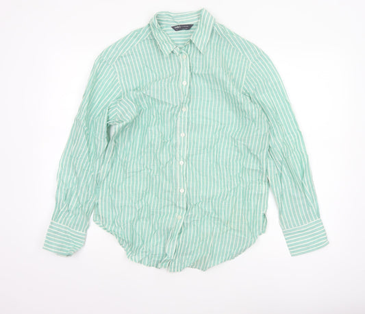 Marks and Spencer Women’s Green Striped Cotton Long Sleeve Button-Up Shirt Size 8