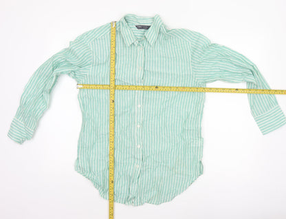 Marks and Spencer Women’s Green Striped Cotton Long Sleeve Button-Up Shirt Size 8