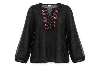 Cotton Traders Women’s Black Embroidered Bohemian Chiffon Blouse Size 20