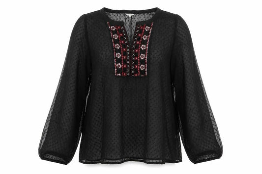 Cotton Traders Women’s Black Embroidered Bohemian Chiffon Blouse Size 20