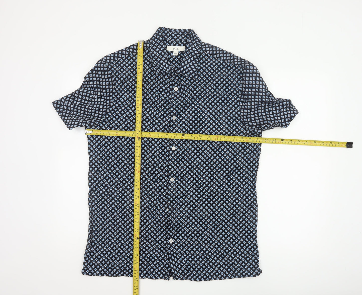 Marks and Spencer Men's Blue Geometric Short Sleeve Button-Up Shirt M