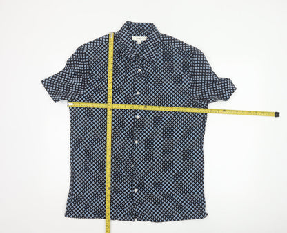 Marks and Spencer Men's Blue Geometric Short Sleeve Button-Up Shirt M