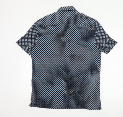 Marks and Spencer Men's Blue Geometric Short Sleeve Button-Up Shirt M