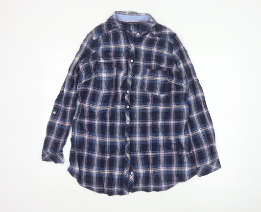 Marks and Spencer Womens Blue Check Cotton Long Sleeve Button-Up Shirt UK 16