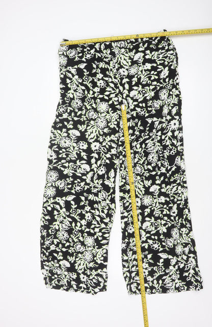 Marks and Spencer Women’s Black Floral Viscose Wide-Leg Trousers Size 16 Long