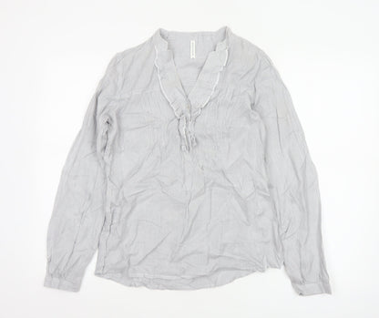 Marks & Spencer Women Grey Striped Ruffle Cotton Tunic Blouse UK 8