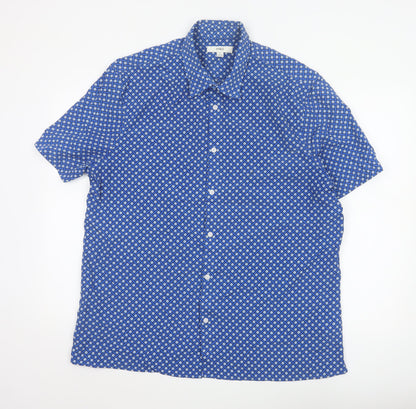 Marks and Spencer Men's Blue Geometric Short Sleeve Button-Up Shirt XL