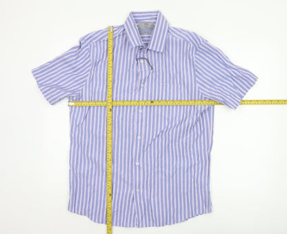 Marks and Spencer Men's Blue Striped Relaxed Fit Short Sleeve Button-Up Shirt Size M