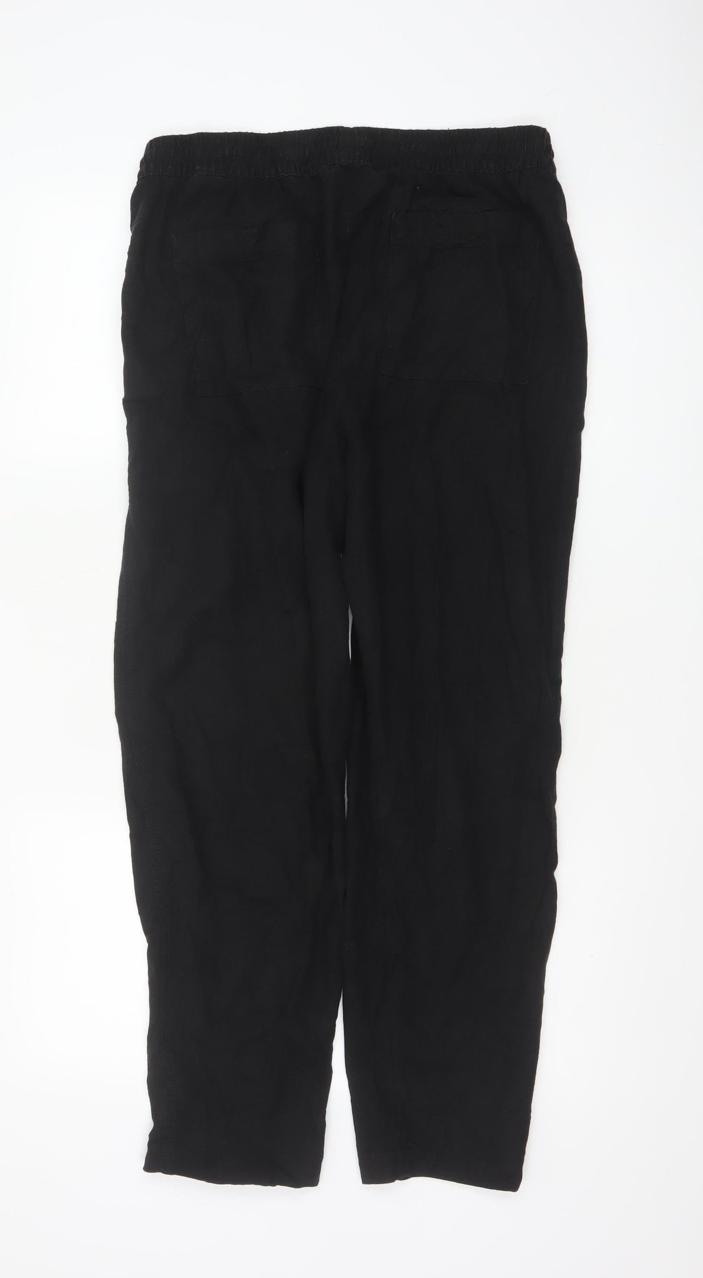 Marks and Spencer Women Black Linen Blend Elastic Waist Trousers Size 14 Regular
