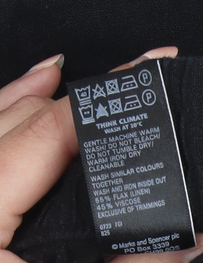 Marks and Spencer Women Black Linen Blend Elastic Waist Trousers Size 14 Regular