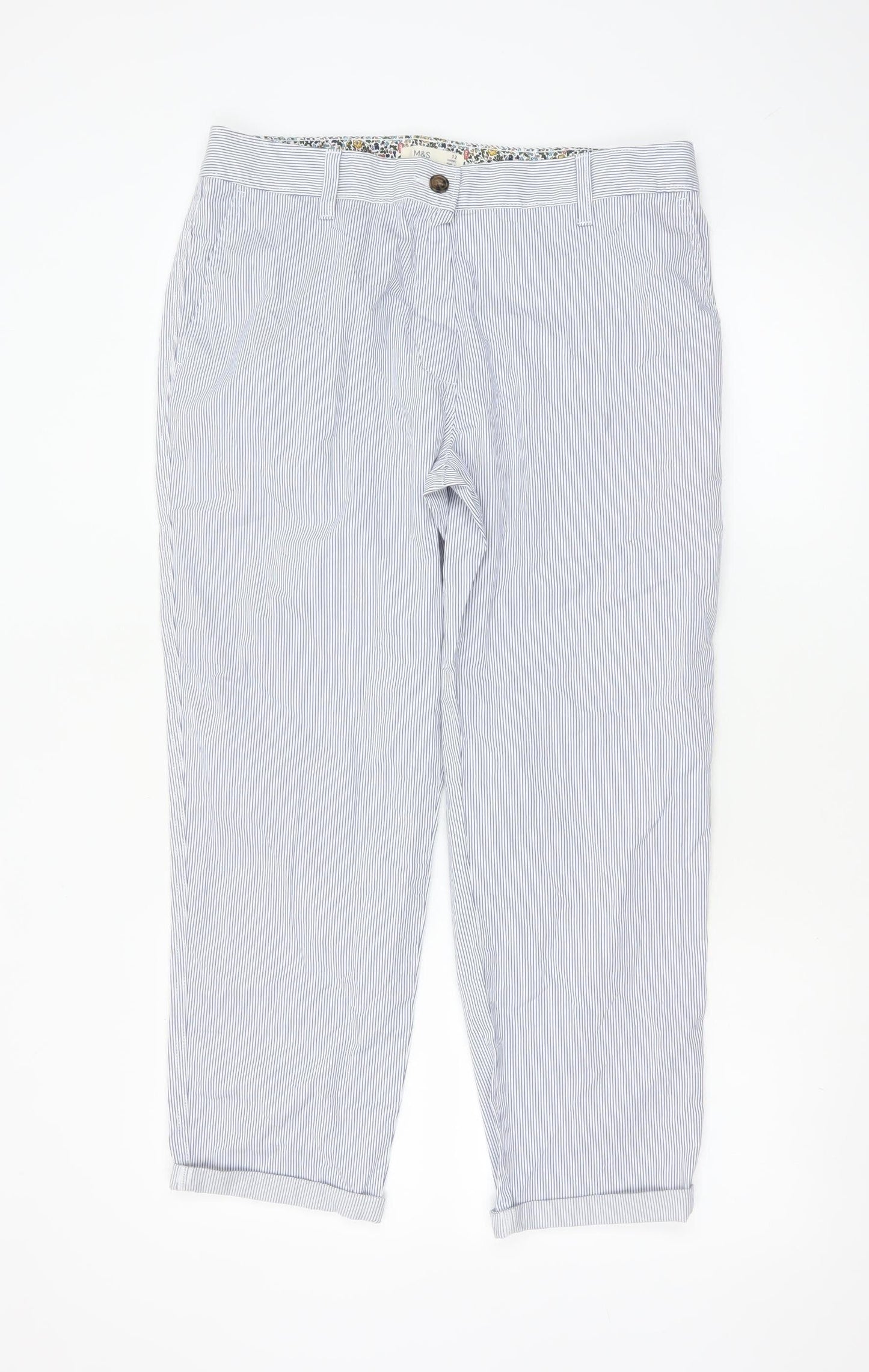 Marks and Spencer Women's Blue Striped Chino Trousers Size 12 Short