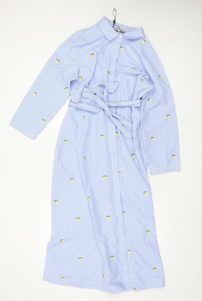 Hobbs Women Blue Striped Lemon Embroidered Cotton Belted Midi Shirt Dress Size 12