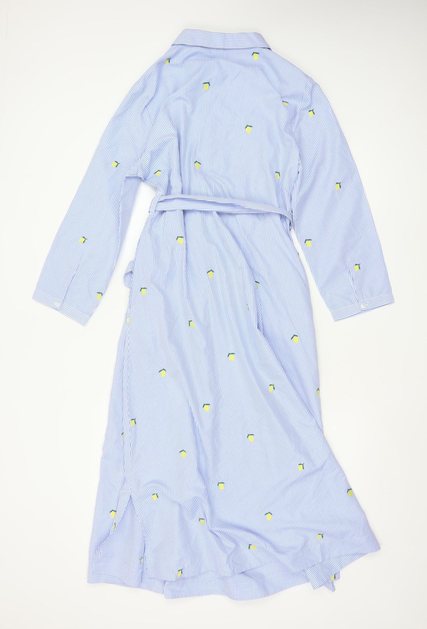 Hobbs Women Blue Striped Lemon Embroidered Cotton Belted Midi Shirt Dress Size 12