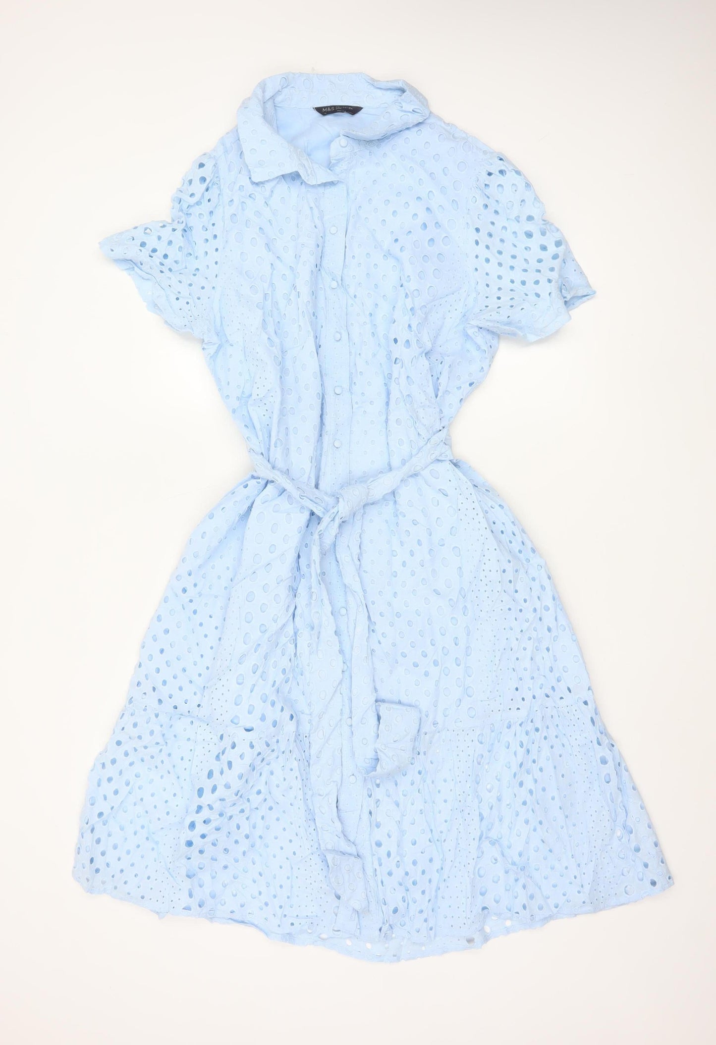Marks and Spencer Petite Blue Cotton Broderie Shirt Dress Women’s Size 18