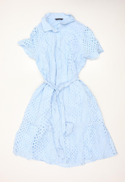 Marks and Spencer Petite Blue Cotton Broderie Shirt Dress Women’s Size 18