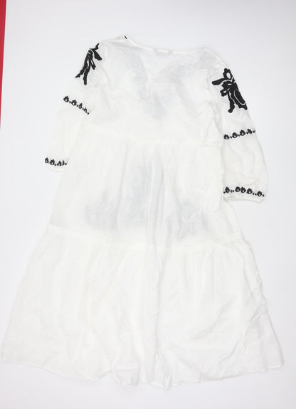 Marks and Spencer Women’s White Embroidered Bohemian Cotton Knee Length Dress M