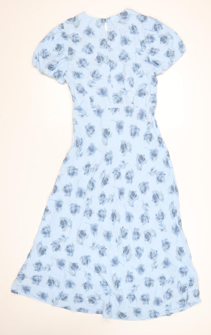Marks and Spencer Women's Blue Floral A-Line Midi Dress Size 14 Short Sleeve