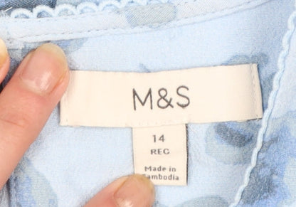 Marks and Spencer Women's Blue Floral A-Line Midi Dress Size 14 Short Sleeve