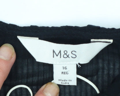 Marks and Spencer Women Black Long Sleeve Ruffle Cotton Blouse Size 16