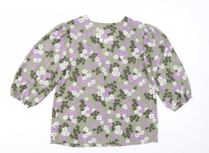 Marks and Spencer Women's Green Floral V-Neck 3/4 Sleeve Tunic Blouse Size 12