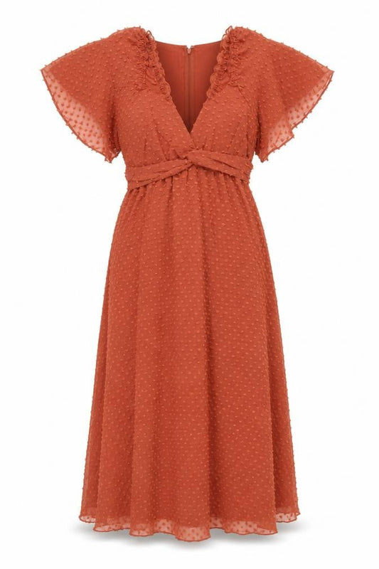 Front view of ASOS DESIGN Women’s Brown Midi Wrap Dress, size UK 10, Flutter Sleeves