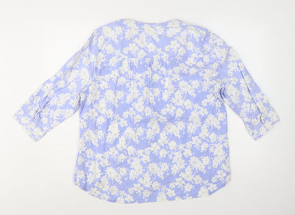 BHS Women Blue Floral Cotton Tunic Blouse Size 16 3/4 Sleeve