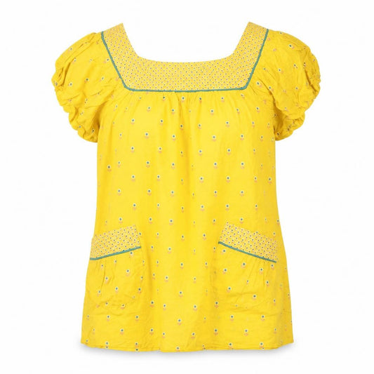 Denim Co Womens Yellow Floral Tunic Blouse Size 8 Short Sleeve