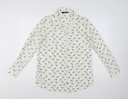 Mango Women White Eiffel Print Button-Up Long Sleeve Shirt Size 8