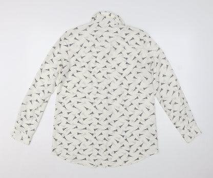 Mango Women White Eiffel Print Button-Up Long Sleeve Shirt Size 8